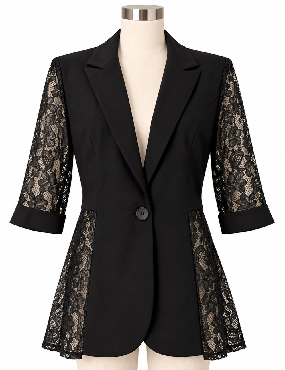 NEW THE PYRAMID COLLECTION BLACK SHEER LACE INSET SPLICED PEPLUM JACKET BLAZER L